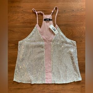 CBR Boutique Women's Strappy Silver Sequin Pink Lined Shell/Top Size Medium